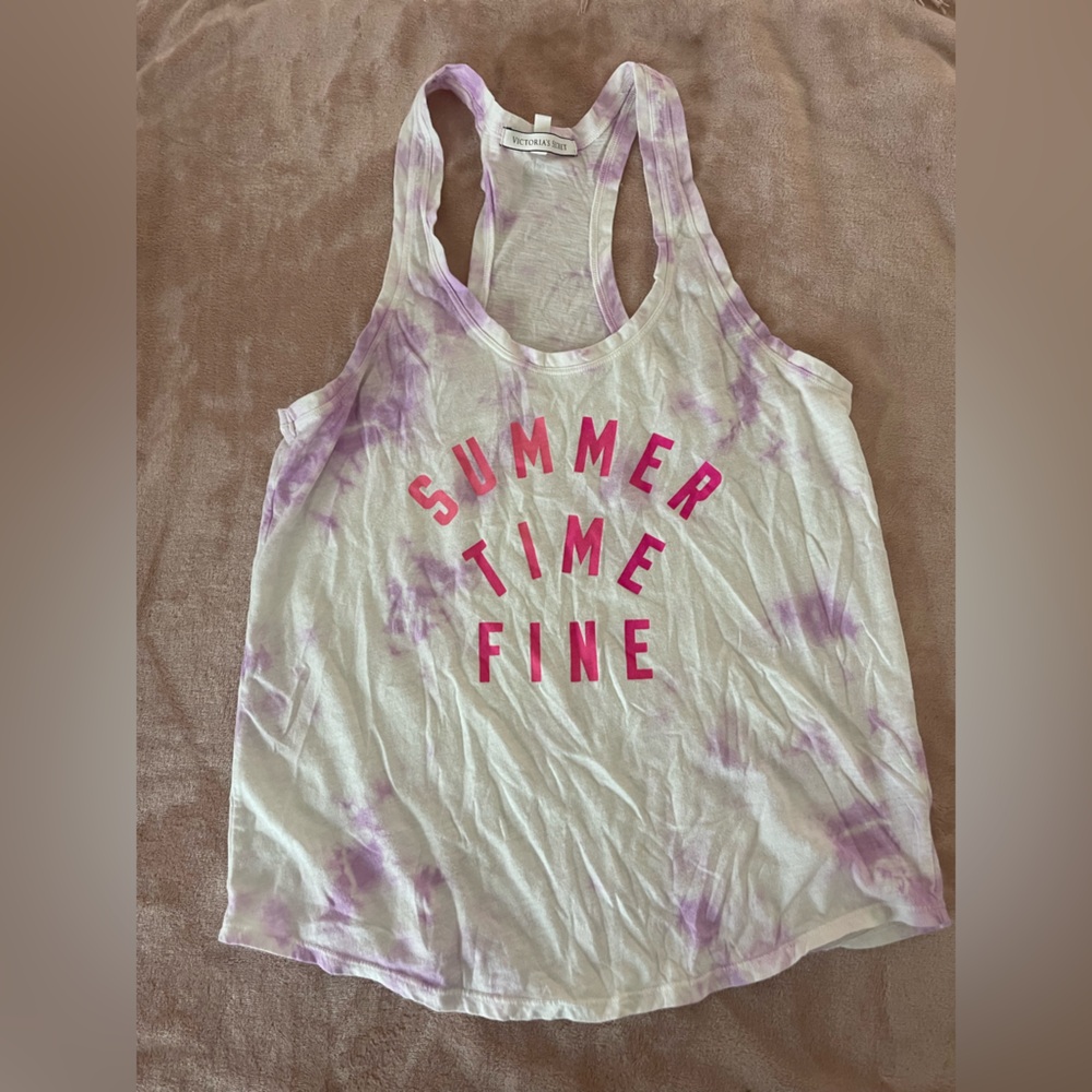 Victoria's Secret White Tie-Dye Racerback Tank with Pink Text
